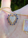 Blue Sapphire, Diamond Pave Heart Gemstone 14K Yellow Gold Pendant Charm