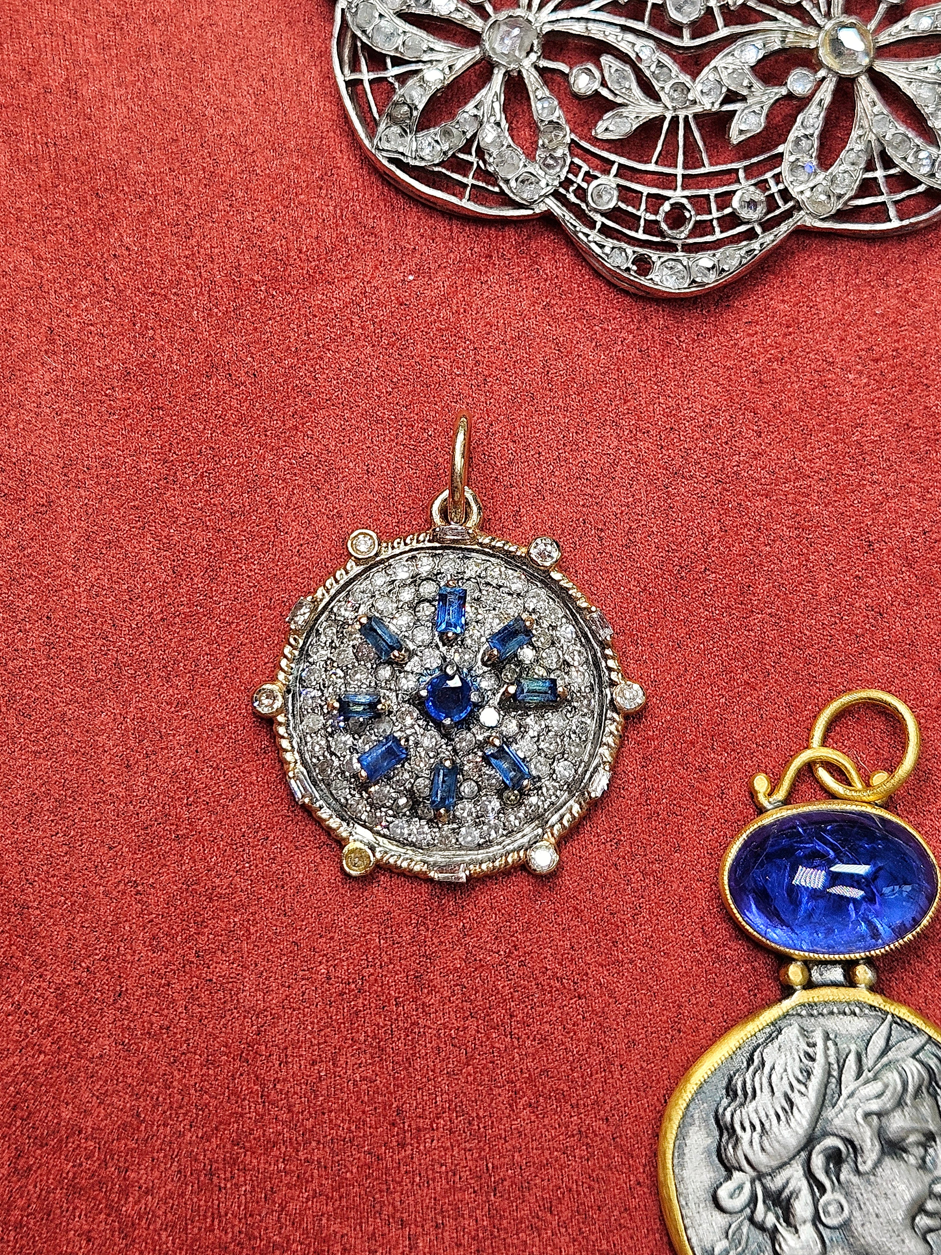 14K Yellow Gold & Oxidized Sterling Silver Disc Pendant with Blue Sapphire and Diamond | Indulgems | Designs in Real Gold