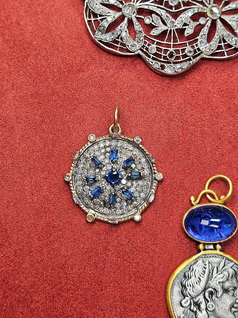 14K Yellow Gold & Oxidized Sterling Silver Disc Pendant with Blue Sapphire and Diamond | Indulgems | Designs in Real Gold