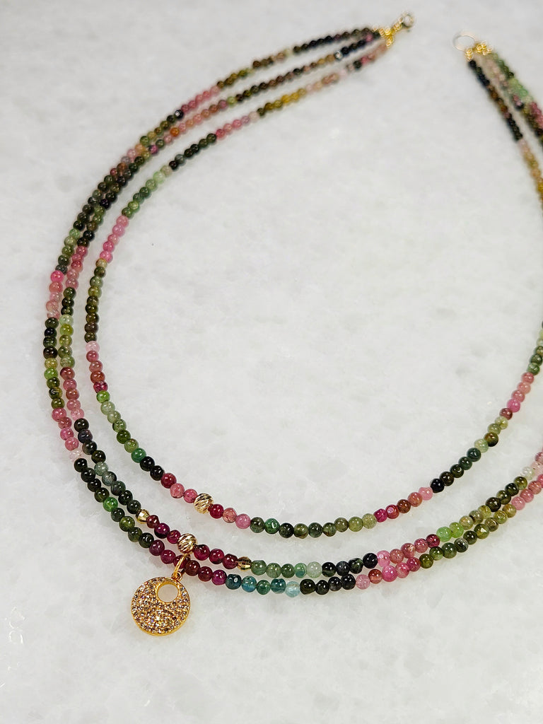 14K Yellow Gold Triple Strand Multicolor Tourmaline Round Bead Necklace 16" with Diamond Pave Disc Charm