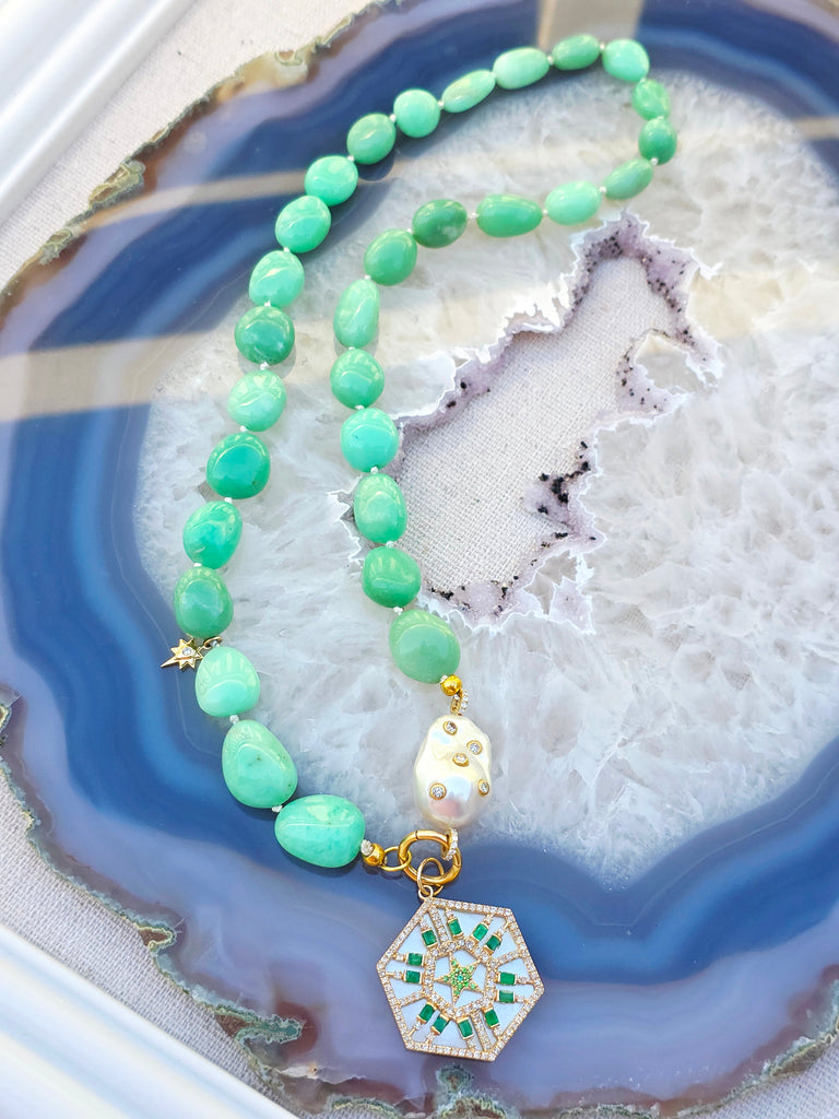Emerald, Diamond, White Mother of Pearl Star Hexagon Gemstone Pendant 14K Yellow Gold