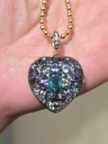 14k Yellow Gold & Platinum Large Emerald and Tanzanite Heart Locket Pendant | Indulgems