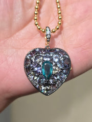 14k Yellow Gold & Platinum Large Emerald and Tanzanite Heart Locket Pendant | Indulgems