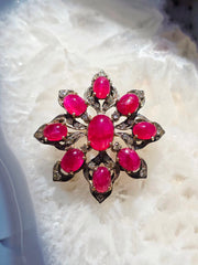 14k Gold & Silver Antique Ruby Cabochon Diamond Brooch | Indulgems