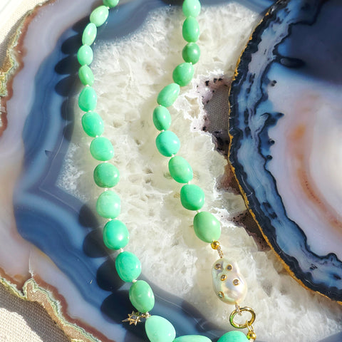 14k & 18k Solid Gold  - Chrysoprase & Freshwater Baroque Pearl Diamond Star Gemstone Necklace 19"