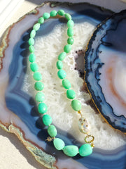 14k & 18k Solid Gold  - Chrysoprase & Freshwater Baroque Pearl Diamond Star Gemstone Necklace 19"