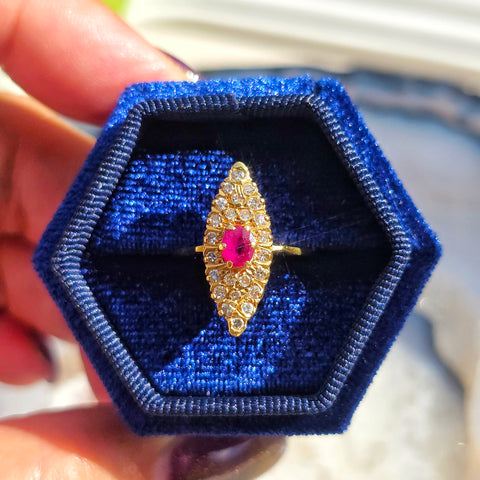 18k Solid Gold Ruby & Rose-Cut Diamond Navette Ring Size 6.5 | Indulgems
