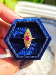 18k Solid Gold Ruby & Rose-Cut Diamond Navette Ring Size 6.5 | Indulgems