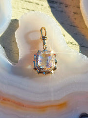 14k Yellow Gold Madagascar Rainbow Moonstone Aurora Halo Pendant | Indulgems