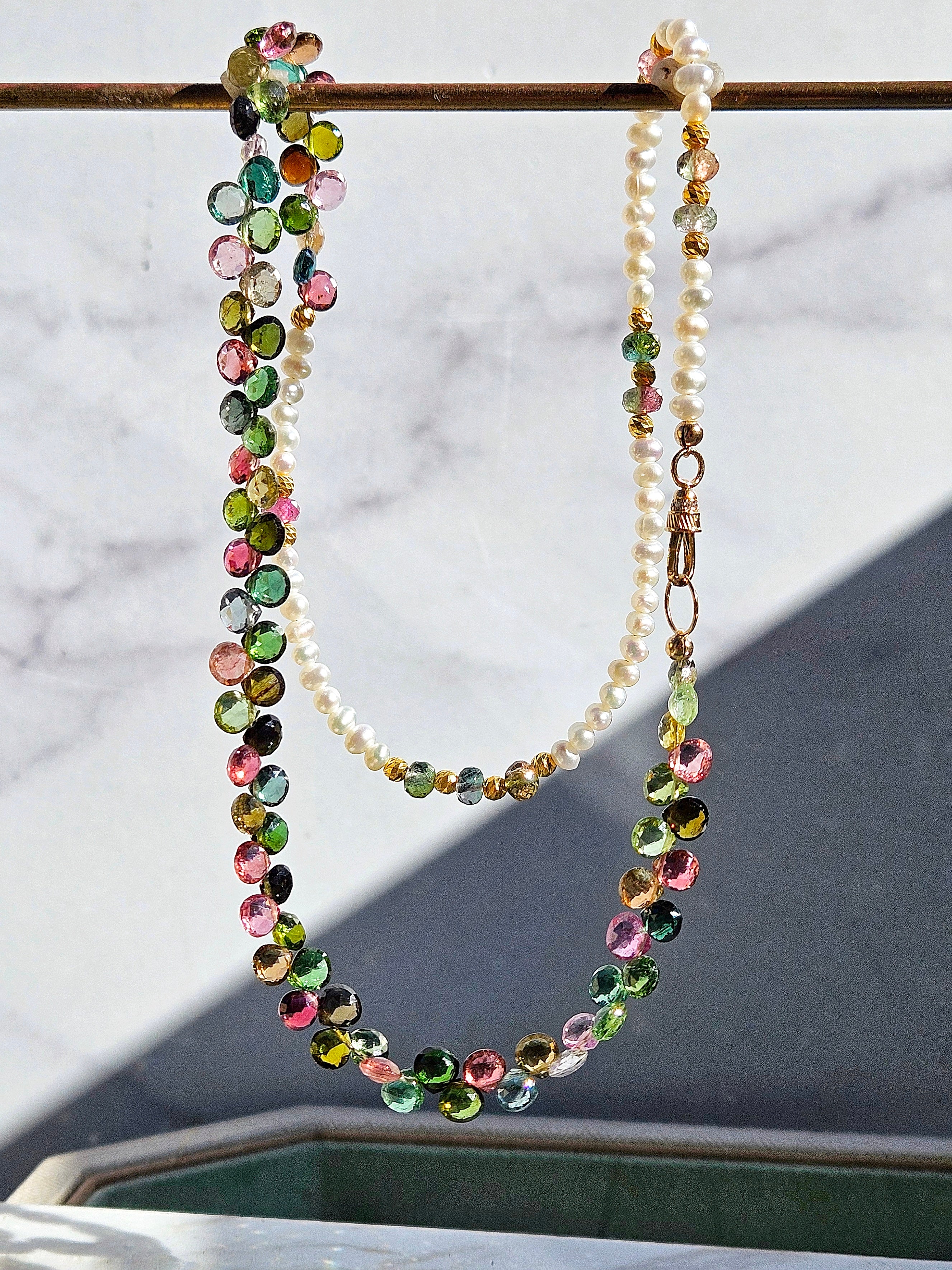 18k Yellow Gold Multicolor Tourmaline Gemstone Briolette Freshwater Pearl Rainbow Moonstone Halfsie Necklace