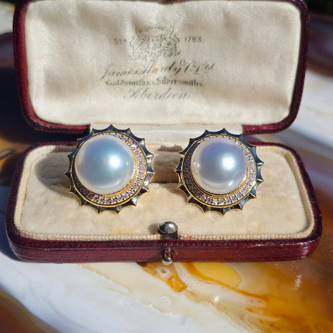 14k Yellow Gold South Sea Pearl Aurora Halo Earrings | Indulgems
