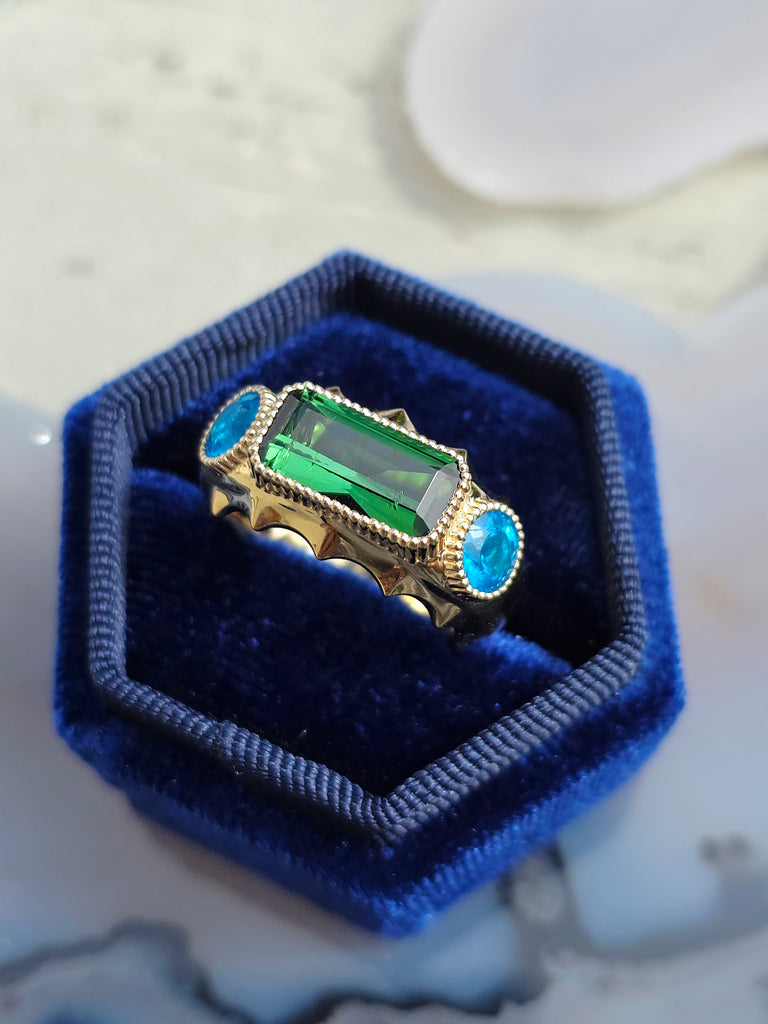 14k Yellow Gold Green Tourmaline & Neon Apatite Gemstone Band Ring Size 8 | Indulgems | Aurora