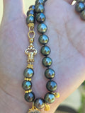 18k Solid Gold Tahitian Pearl Necklace with 3 Charms Oxidized Sterling Silver Coin in 24k Gold
