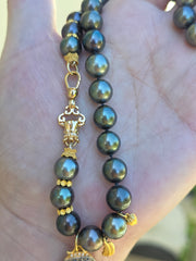 18k Solid Gold Tahitian Pearl Necklace with 3 Charms Oxidized Sterling Silver Coin in 24k Gold
