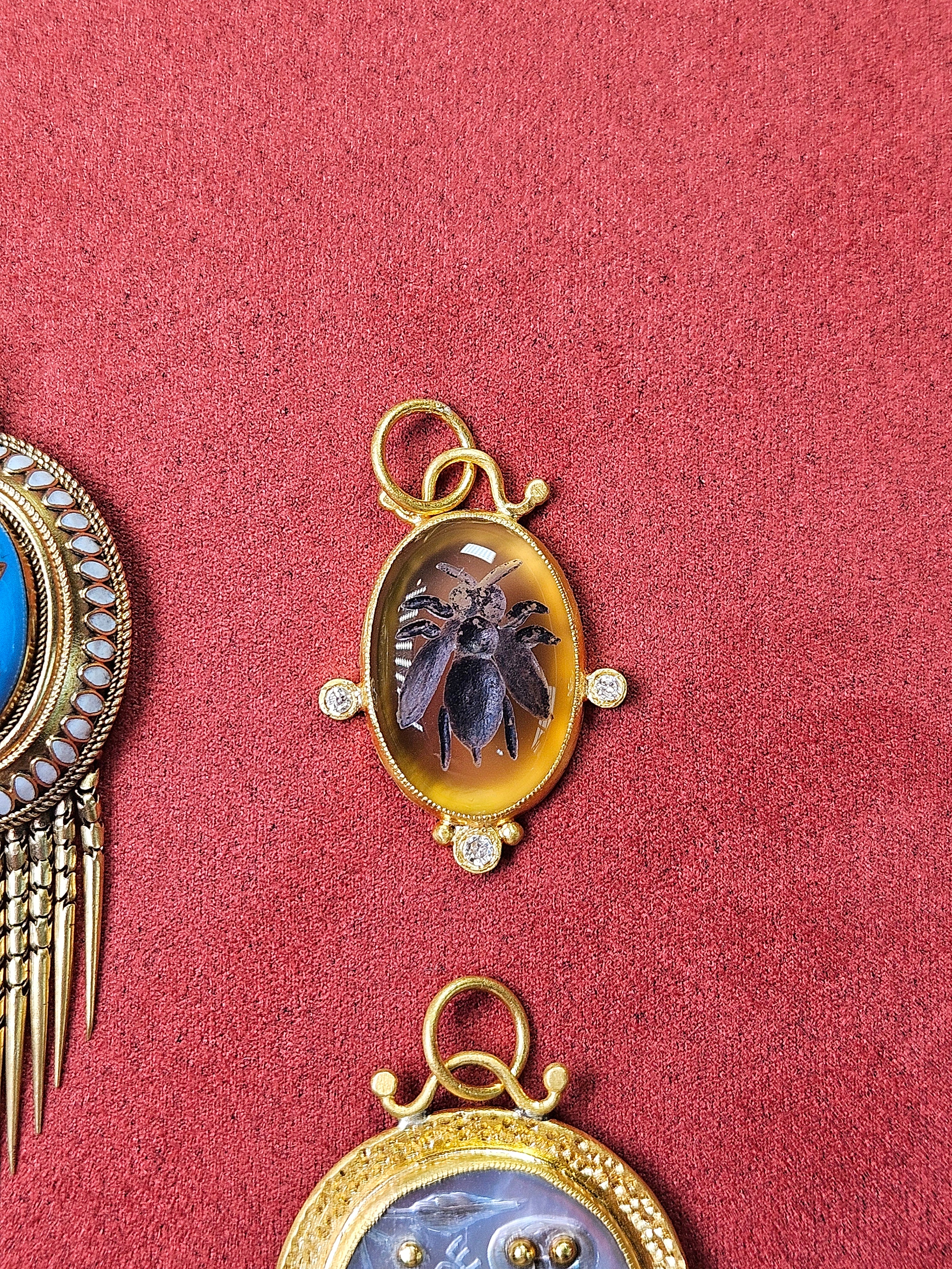 24K Gold Agate Pendant with Diamond - Queen Bee Intaglio