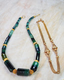 2IN1 - 18K Solid Two-Tone Gold Antique Watch Chain & Natural Green Tourmaline Faceted Barrel Gemstone Necklace