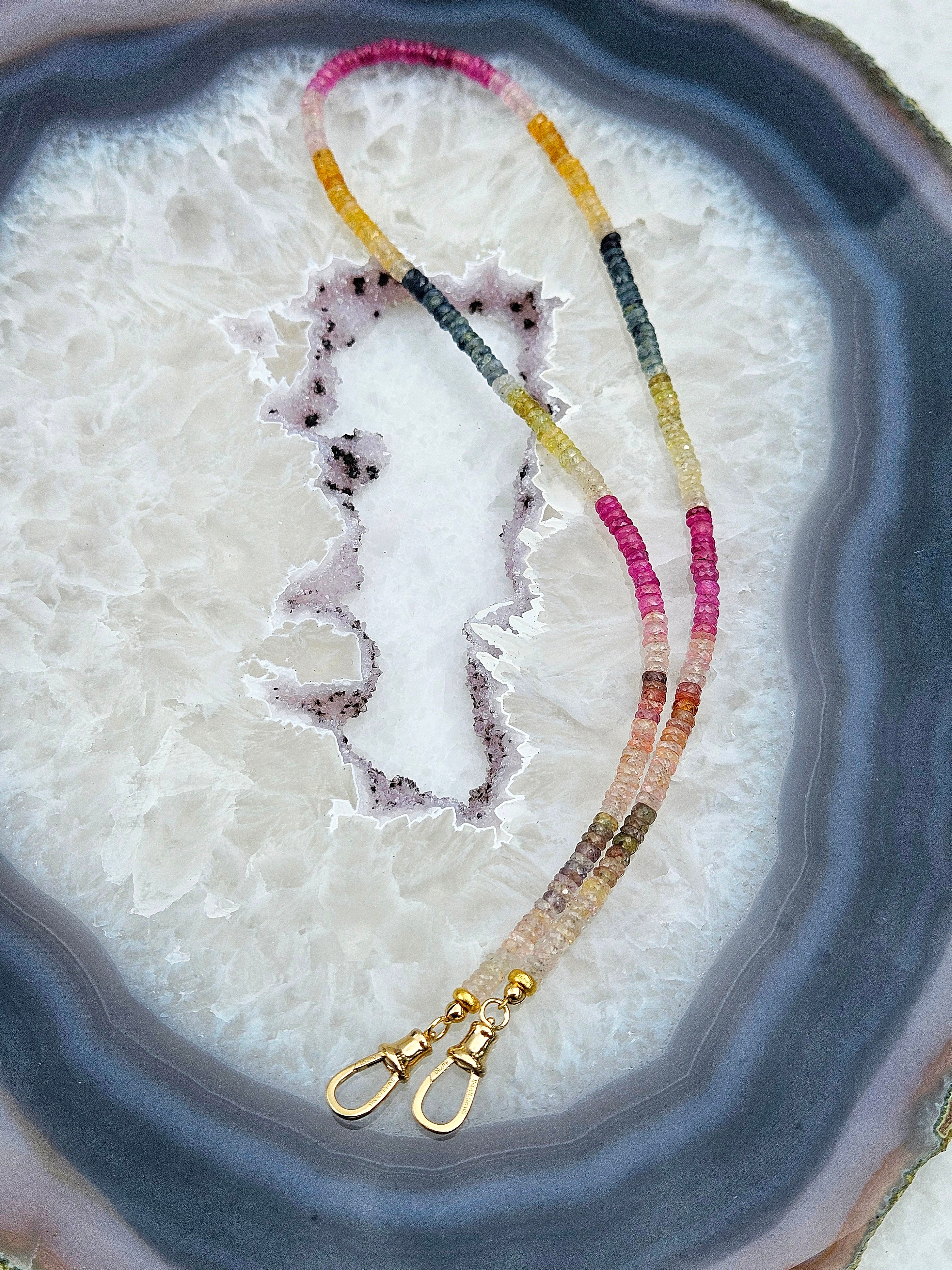 18k Solid Gold Multicolor Sapphire Faceted Gemstone Bead Necklace 17" | Indulgems | Designs in Real Gold