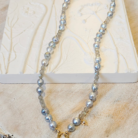 14K Yellow Solid Gold Tahitian Pearls, Labradorite, Diamond Star Charm Open Loop Necklace with Connector