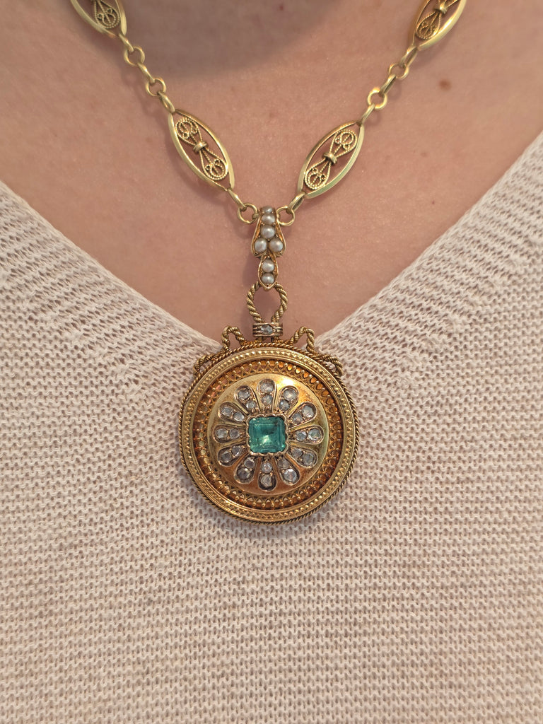 18k Solid Gold French Eagle Head Hallmark Colombian Emerald Rose-cut Diamond Locket Pendant Antique | Indulgems