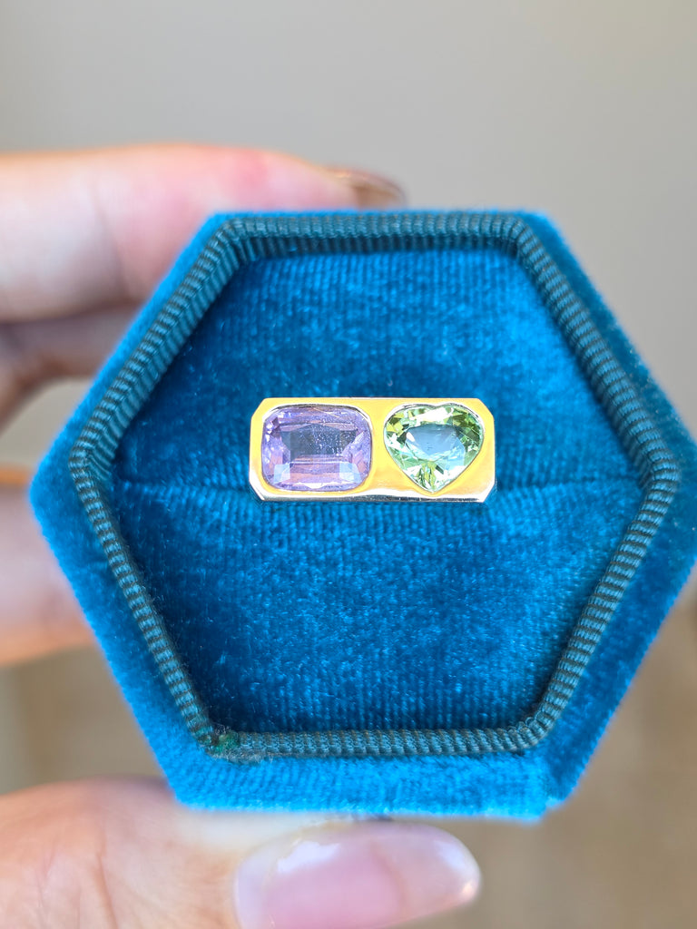 14k Yellow Gold Lilac Spinel & Mint Tourmaline Ring Size 7 | Indulgems | Duality