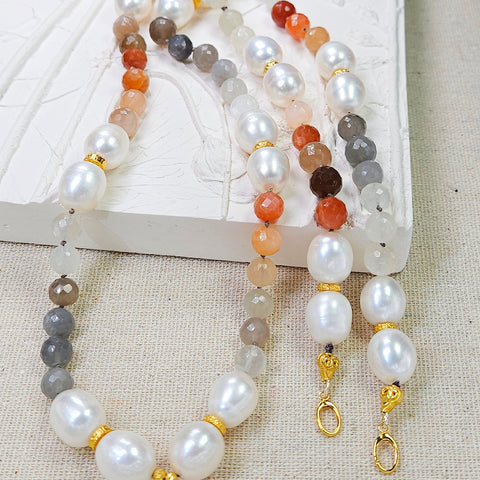 Multicolor White Peach Grey Moonstone Freshwater Pearl Genuine Gemstone 18K Yellow Gold Long Necklace 30"