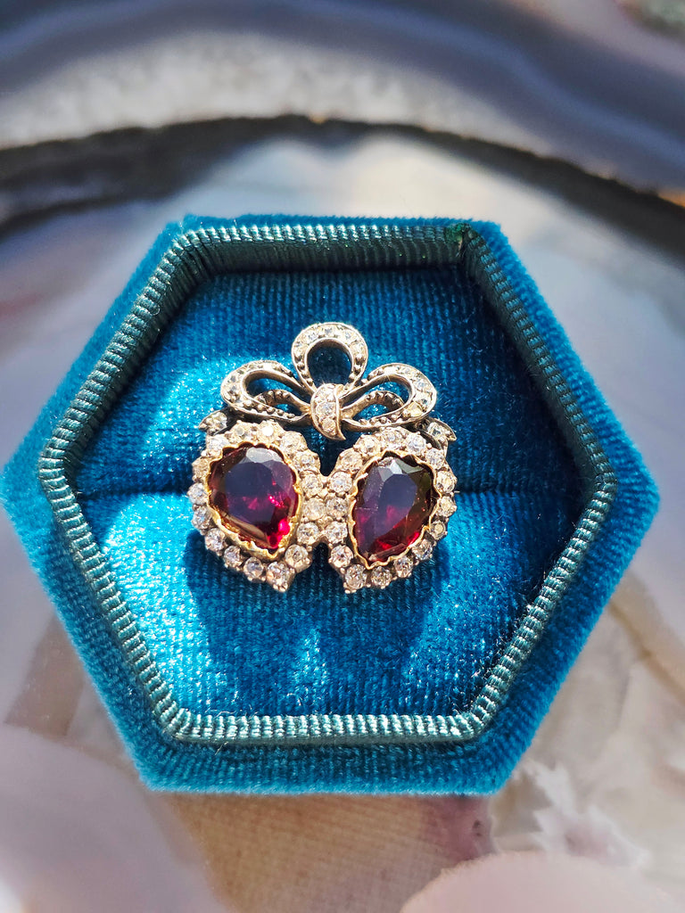 14k Gold & Silver Victorian Antique Double Heart Garnet and Diamond Brooch | Indulgems