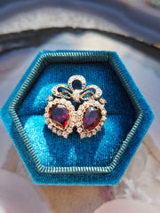 14k Gold & Silver Victorian Antique Double Heart Garnet and Diamond Brooch | Indulgems