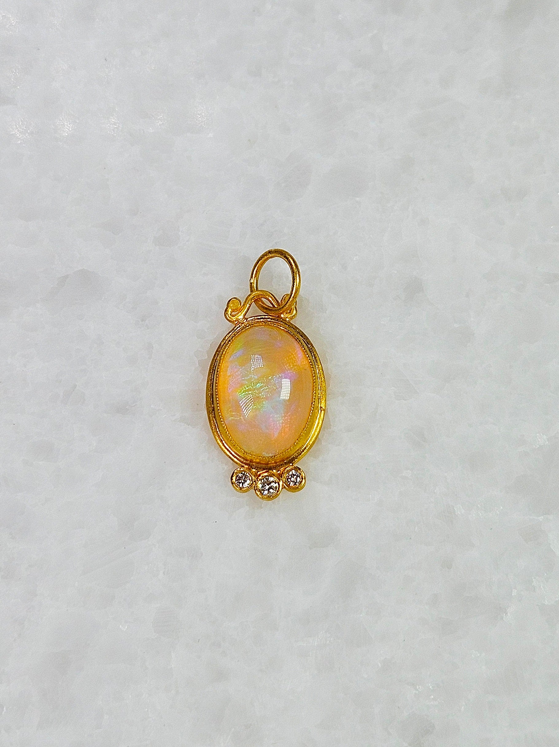 24K Yellow Solid Gold Ethiopian Opal Gemstone Cabochon Diamond Pendant