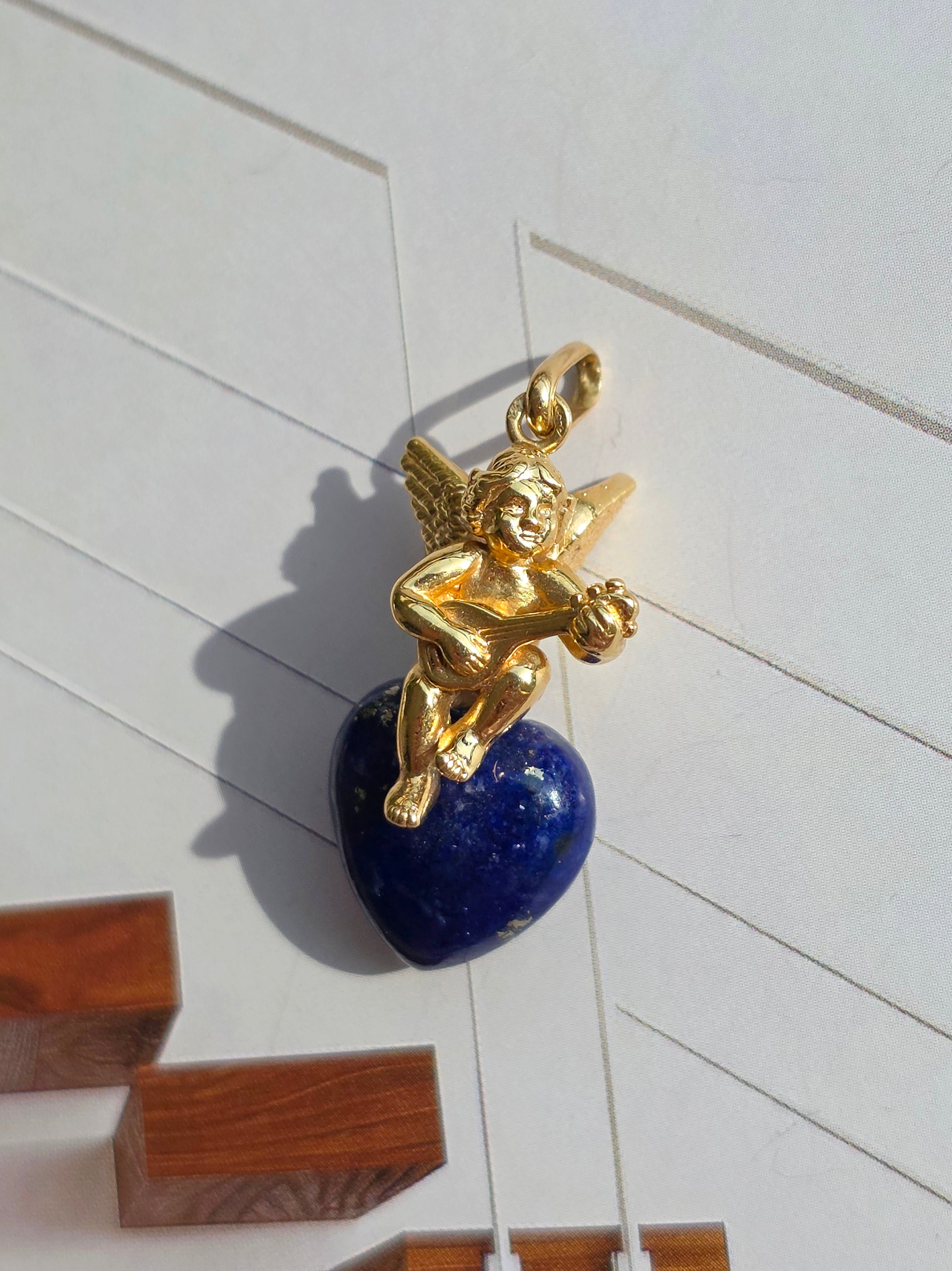 18k Solid Gold Sculpted Angel Cherub Lapis Heart Pendant | Indulgems