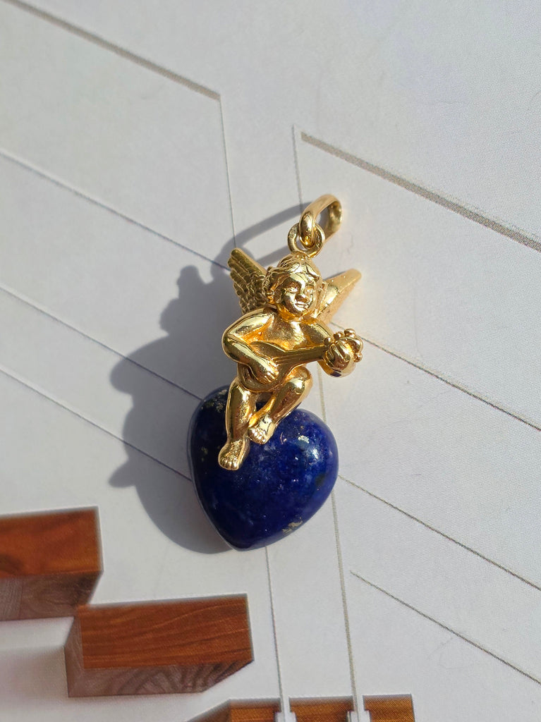 18k Solid Gold Sculpted Angel Cherub Lapis Heart Pendant | Indulgems