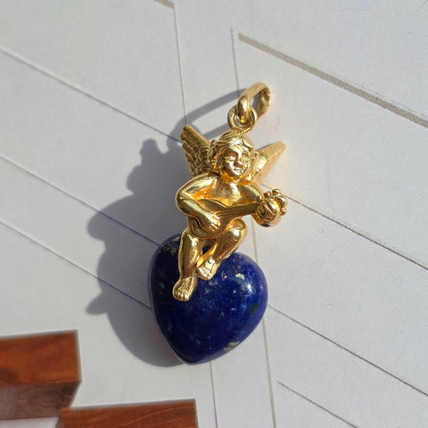 18k Solid Gold Sculpted Angel Cherub Lapis Heart Pendant | Indulgems