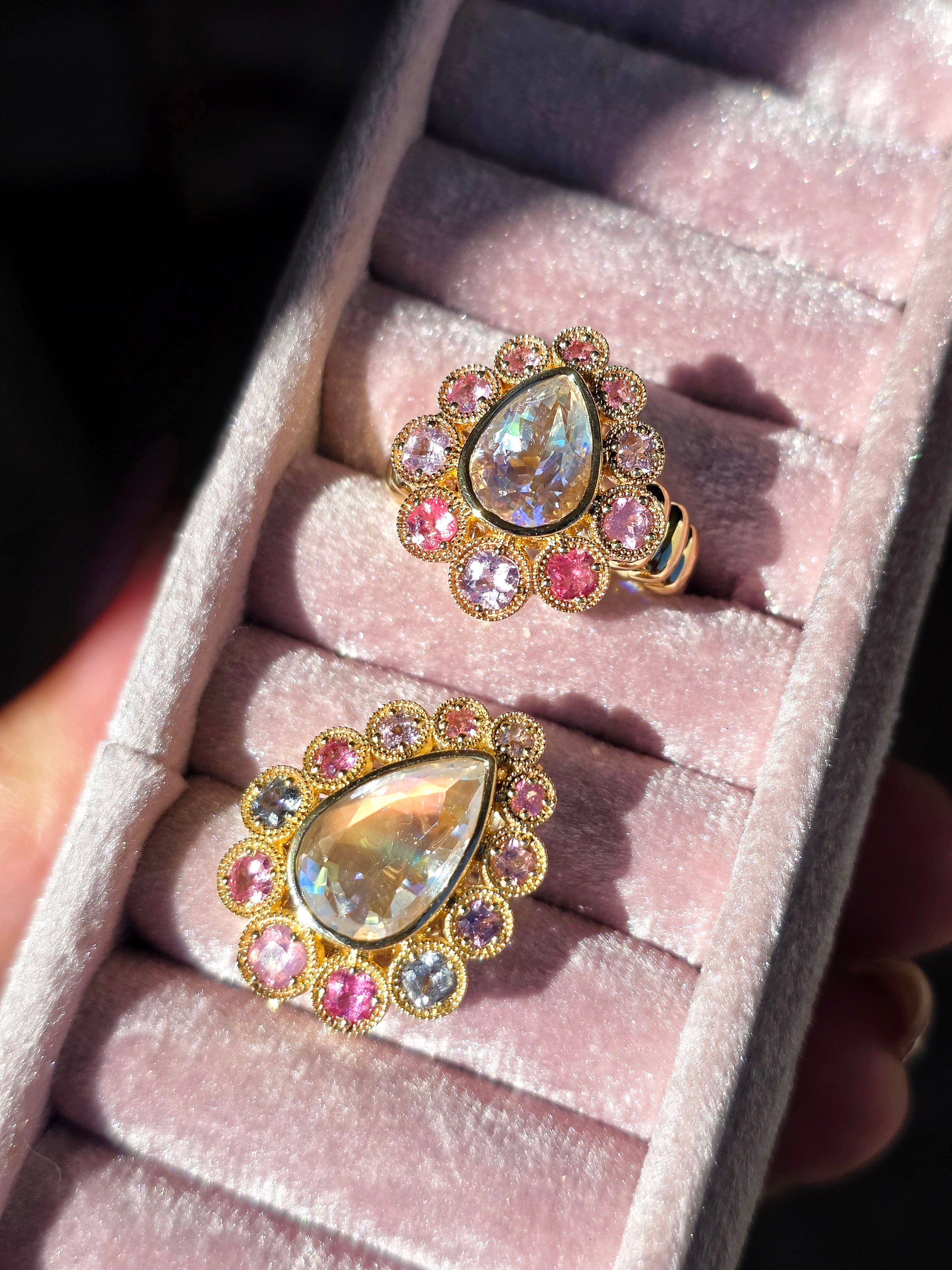 14k Solid Gold Madagascar Rainbow Moonstone & Multicolor Spinel Ring Size 8 | Indulgems | Starlit Collection