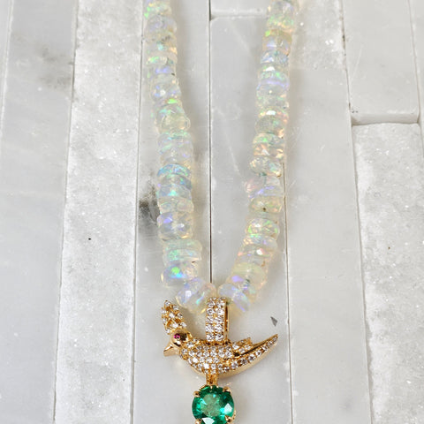 Ethiopian Opal Gemstone Bead Necklace with Crown Parrot Diamond Bird Penant Natural Emerald 20" 18K Yellow Gold