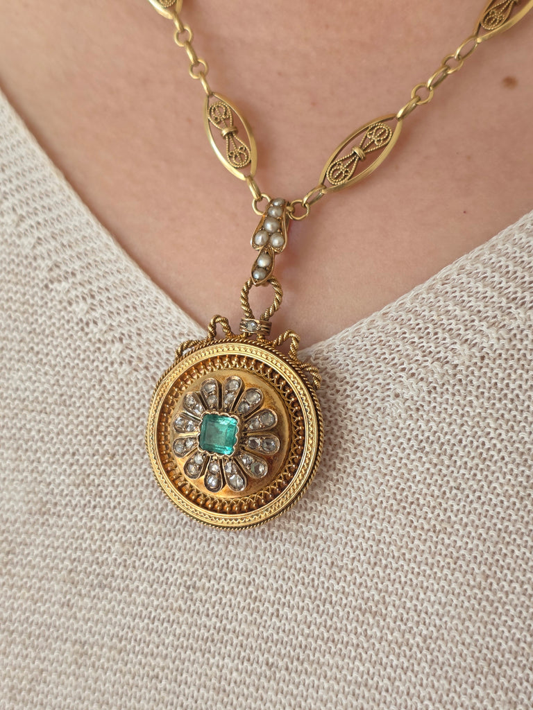 18k Solid Gold French Eagle Head Hallmark Colombian Emerald Rose-cut Diamond Locket Pendant Antique | Indulgems