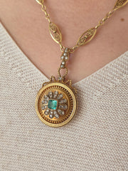18k Solid Gold French Eagle Head Hallmark Colombian Emerald Rose-cut Diamond Locket Pendant Antique | Indulgems