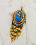 Antique 18K Yellow Gold Pearl and Enamel Pendant with Tassel Fringe