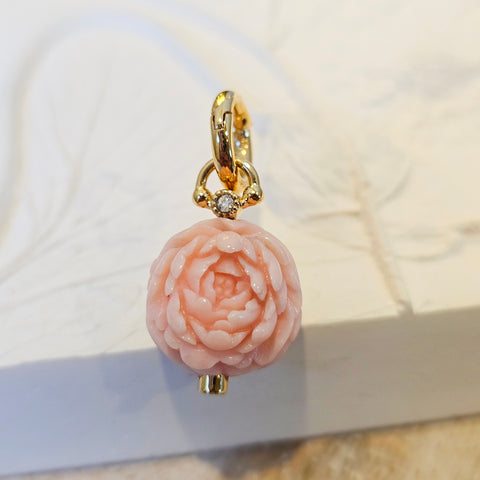 18K Solid Gold Hand Carved Pink Opal Peony Flower Ball Charm Pendant