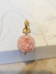 18K Solid Gold Hand Carved Pink Opal Peony Flower Ball Charm Pendant