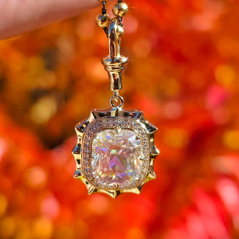 14k Yellow Gold Madagascar Rainbow Moonstone Aurora Halo Pendant | Indulgems