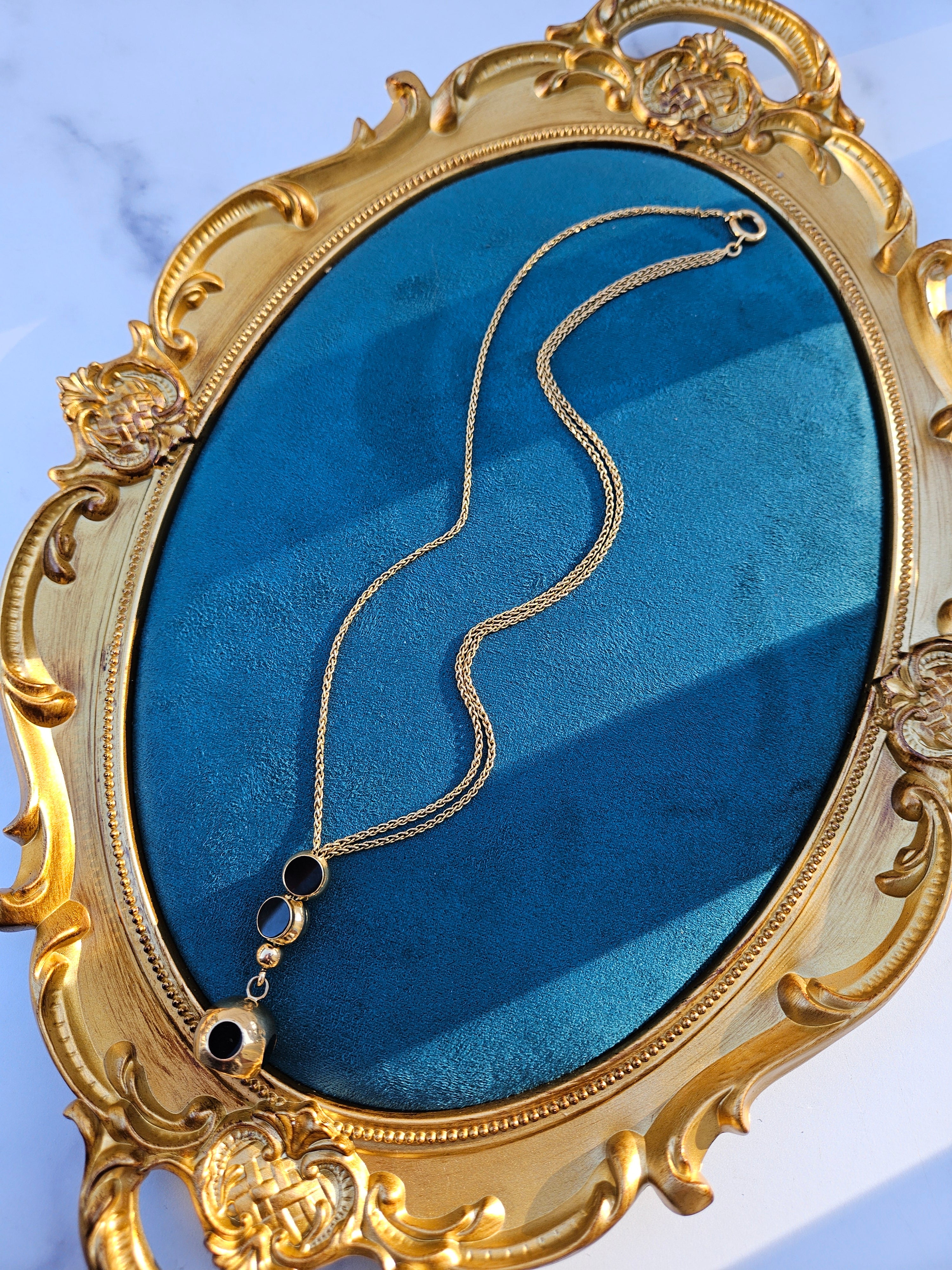 18k Solid Gold Antique Wallet Chain Necklace with Onyx Slides and Pendant |Indulgems