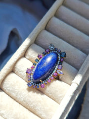 Vermeil in Sterling Silver & 18k Gold Lapis Lazuli, Blue Topaz, Tanzanite, Rhodolite Garnet & Diamond Statement Cocktail Ring size 8