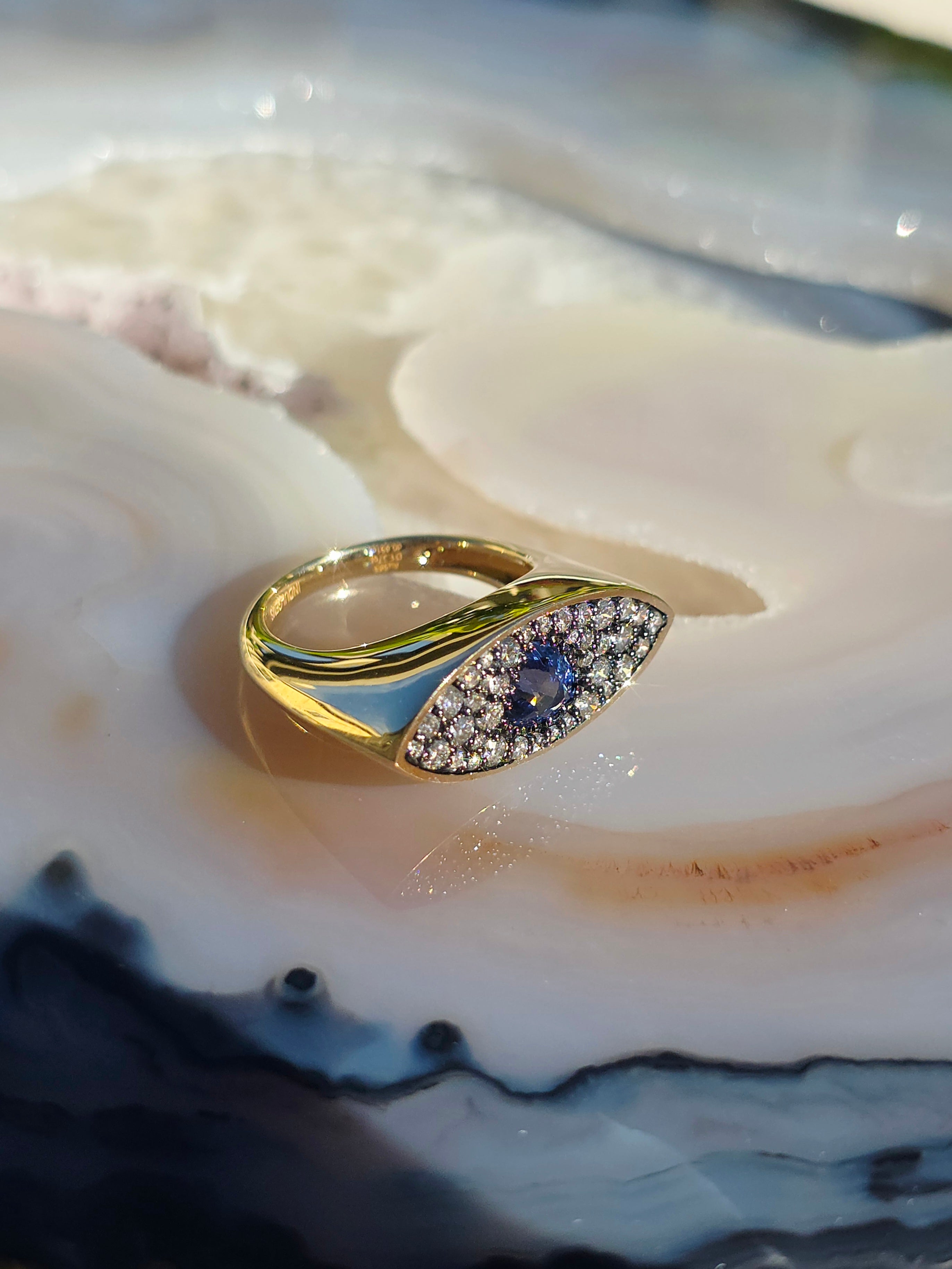 14k Yellow Gold & Platinum Cornflower Blue Sapphire and Lab-Grown Diamond Ring sz 7 | Indulgems | Luna Collection