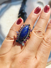 Vermeil in Sterling Silver & 18k Gold Lapis Lazuli, Blue Topaz, Tanzanite, Rhodolite Garnet & Diamond Statement Cocktail Ring size 8