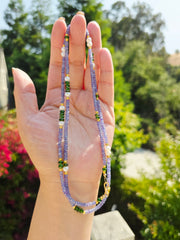 Genuine Gemstone Tanzanite, Chrome Diopside, Freshwater Pearl 18K Yellow Gold Long Necklace 32"
