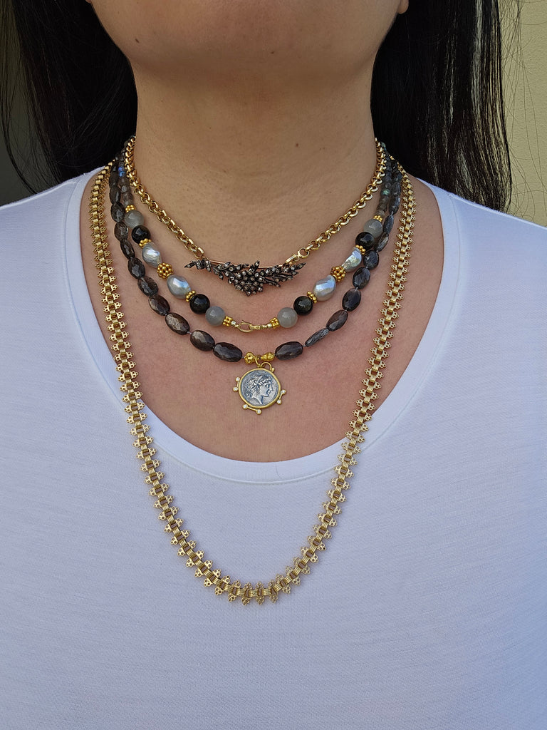 Copper Aquamarine Faceted Gemstone Necklace with Diana Goddess Diamond Pendant 22"