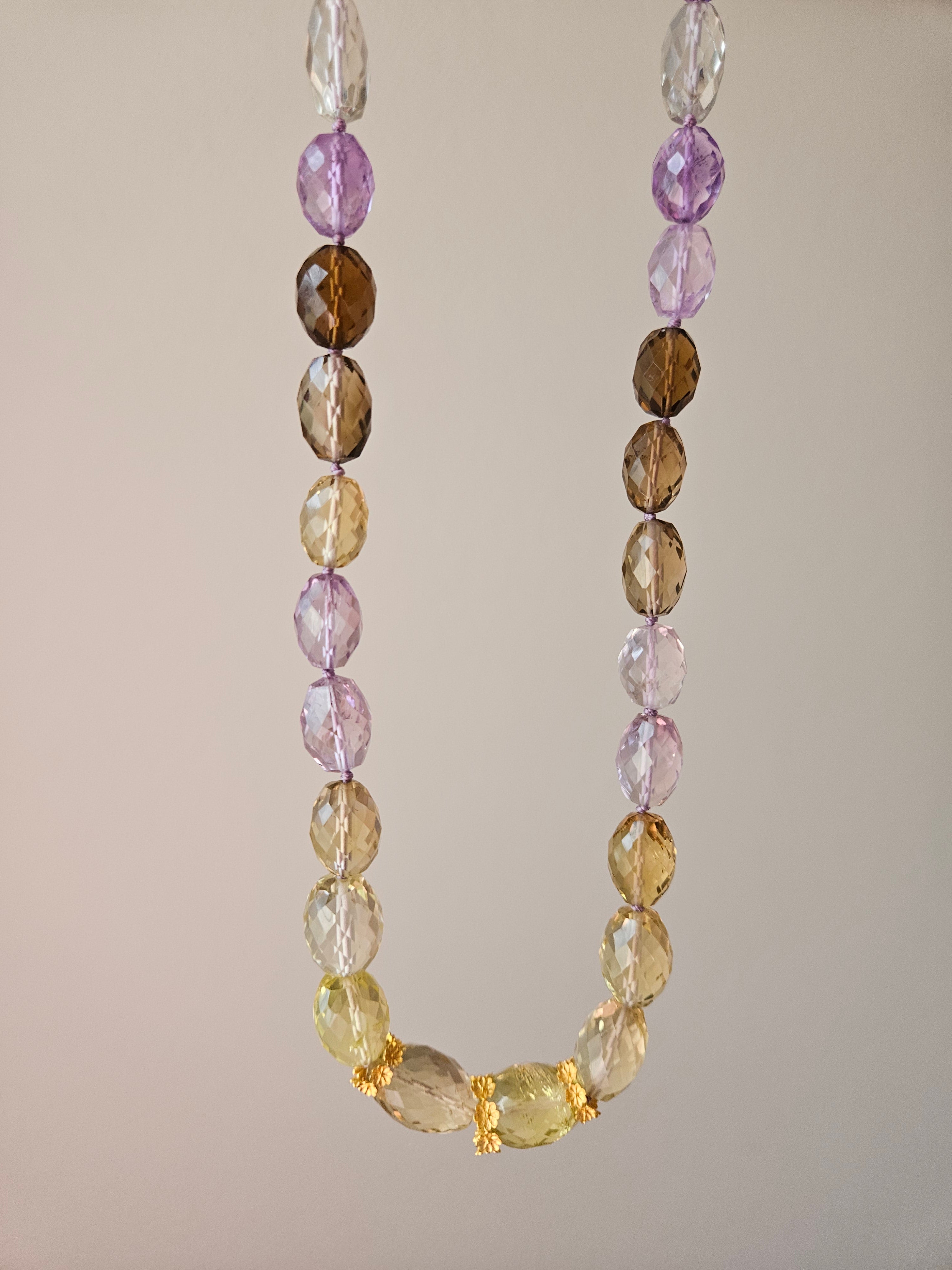 Multicolor Amethyst, Lemon Quartz, Cognac Quartz Large Gemstone Bead Necklace with 18K Yellow Gold Antique Inspired Fist Hand Clasp