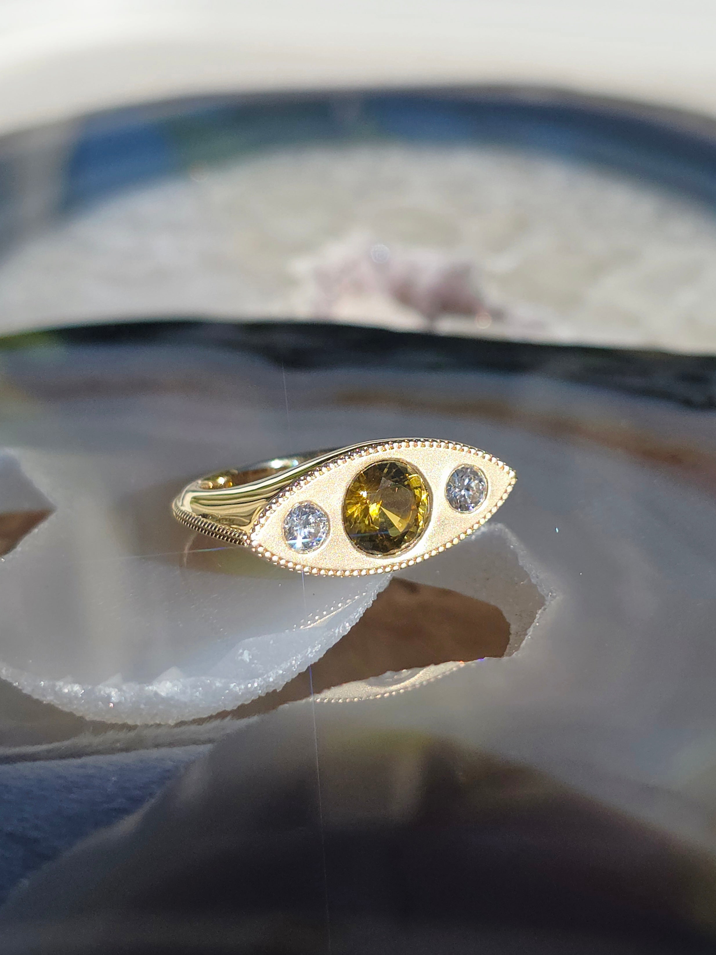 14k Solid Gold Chrysoberyl & Diamond Signet Ring Size 8 | Indulgems | Luna Collection