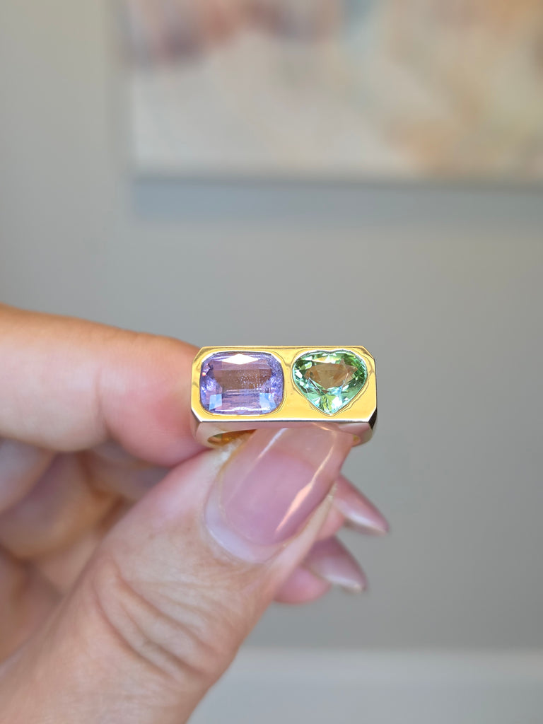 14k Yellow Gold Lilac Spinel & Mint Tourmaline Ring Size 7 | Indulgems | Duality