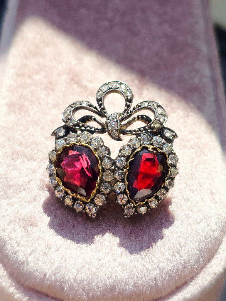 14k Gold & Silver Victorian Antique Double Heart Garnet and Diamond Brooch | Indulgems
