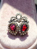 14k Gold & Silver Victorian Antique Double Heart Garnet and Diamond Brooch | Indulgems